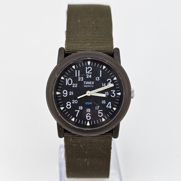 VTG Timex Camper Men Field Watch 33MM Black Dial Green Canvas Bands New Battery